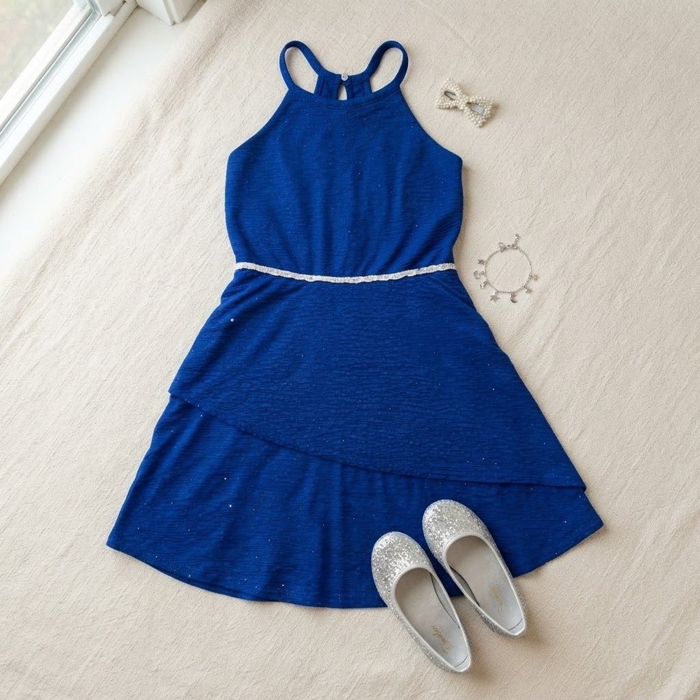 Lilt Girls Royal Blue Glitter Halter Dress Sequin Waist Tiered Skirt Size 12